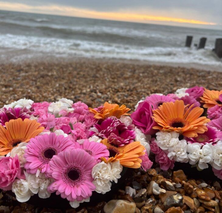 Flower wreaths and a sunset