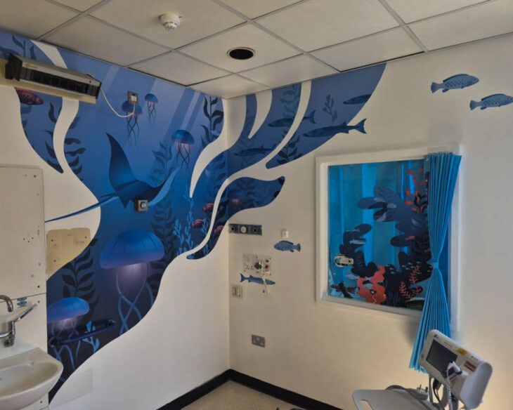 The newly decorated ocean themed isolation room at Kingston Hospital