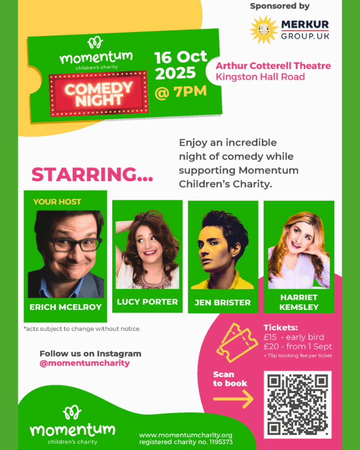 A poster featuring 4 comedians and advertising for the event