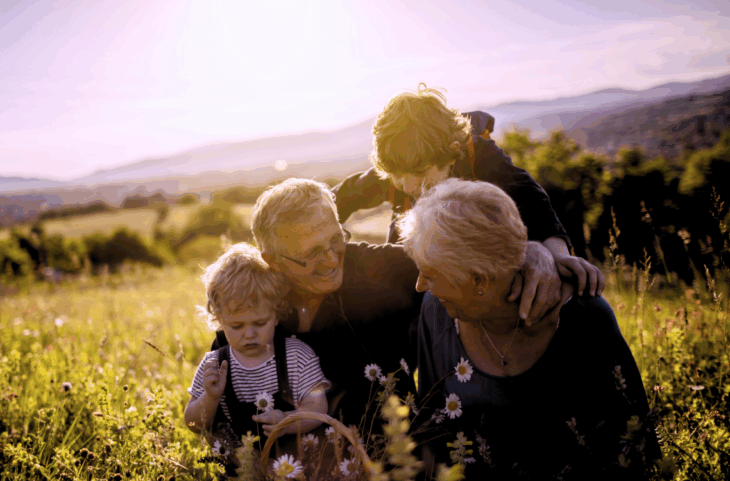 An elderly couple in a sunny field smiling at each other while their two grandchildren close by playing and hugging.